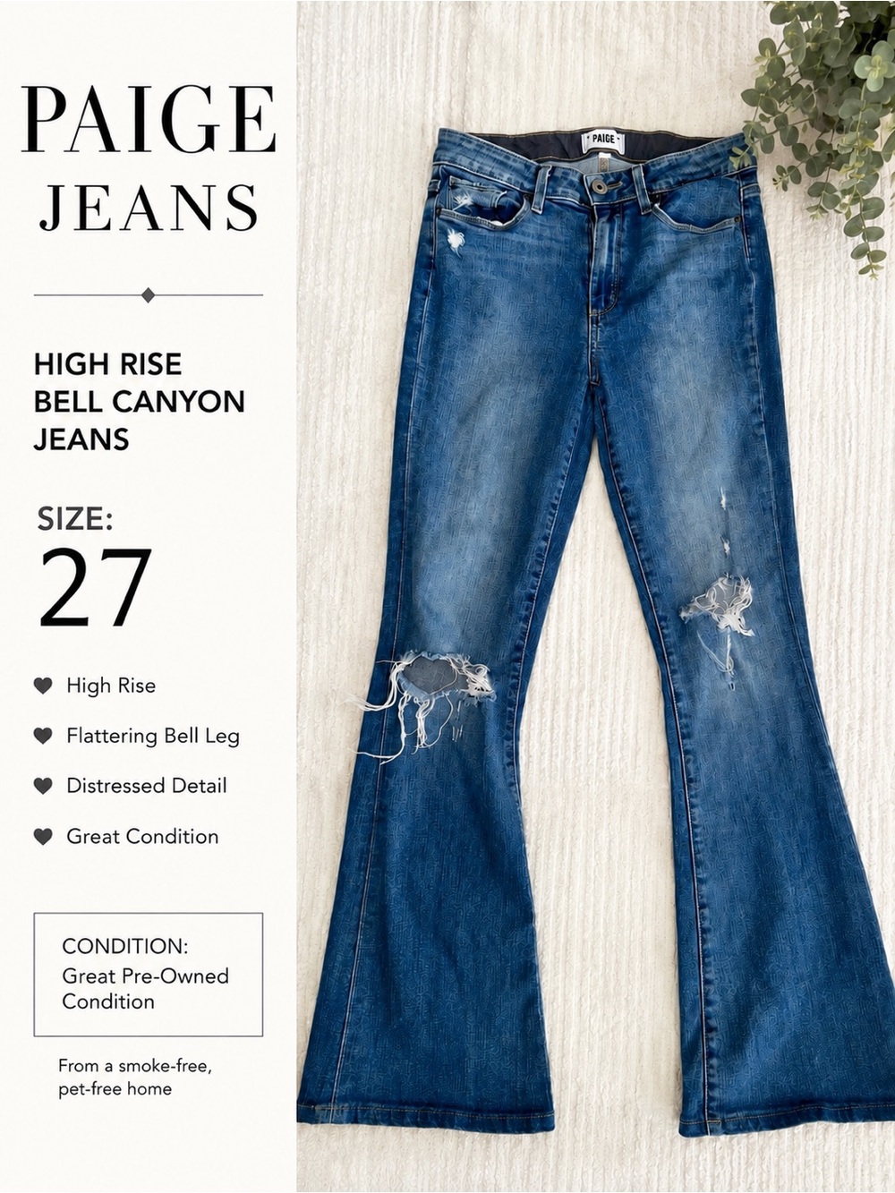 PAIGE High-Rise Bell Canyon Jeans — Medium Blue Distressed